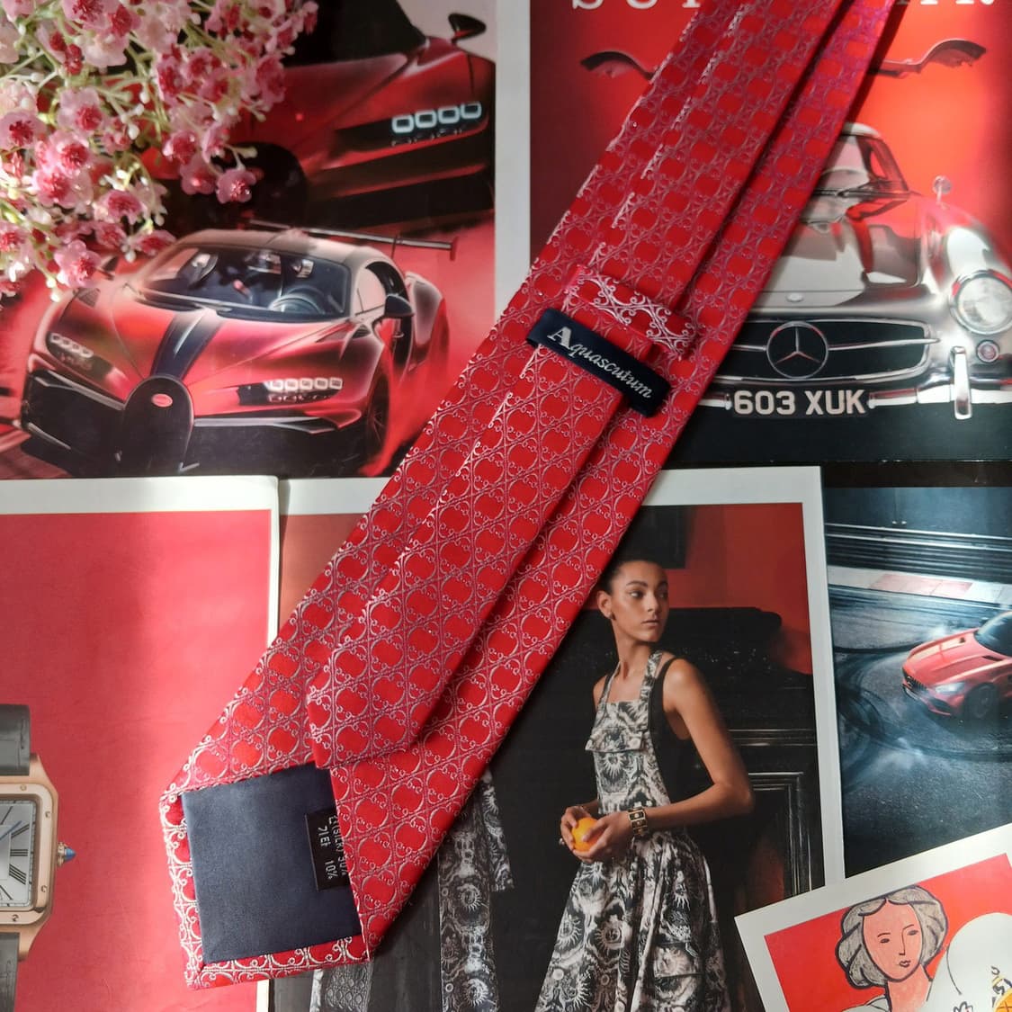 아쿠아스큐텀 실크 레드 패턴 넥타이 9cm A등급 A19661 상품이미지5