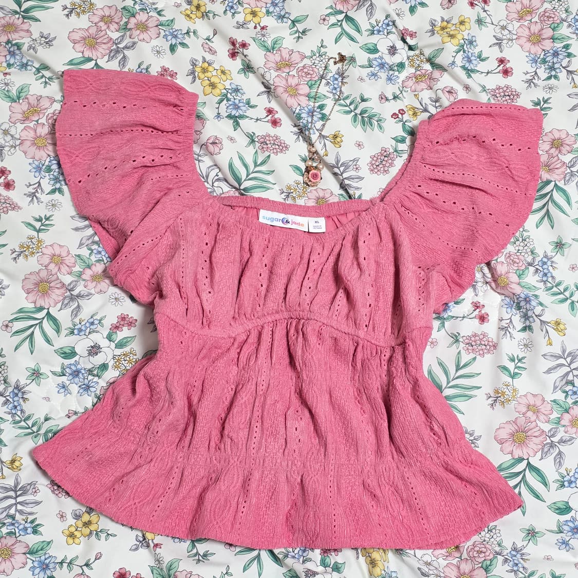 유럽빈티지)로맨틱 히메갸루 핑크튜튜 레이어드 모리걸 펀칭스모크여름블라우스 상품이미지2