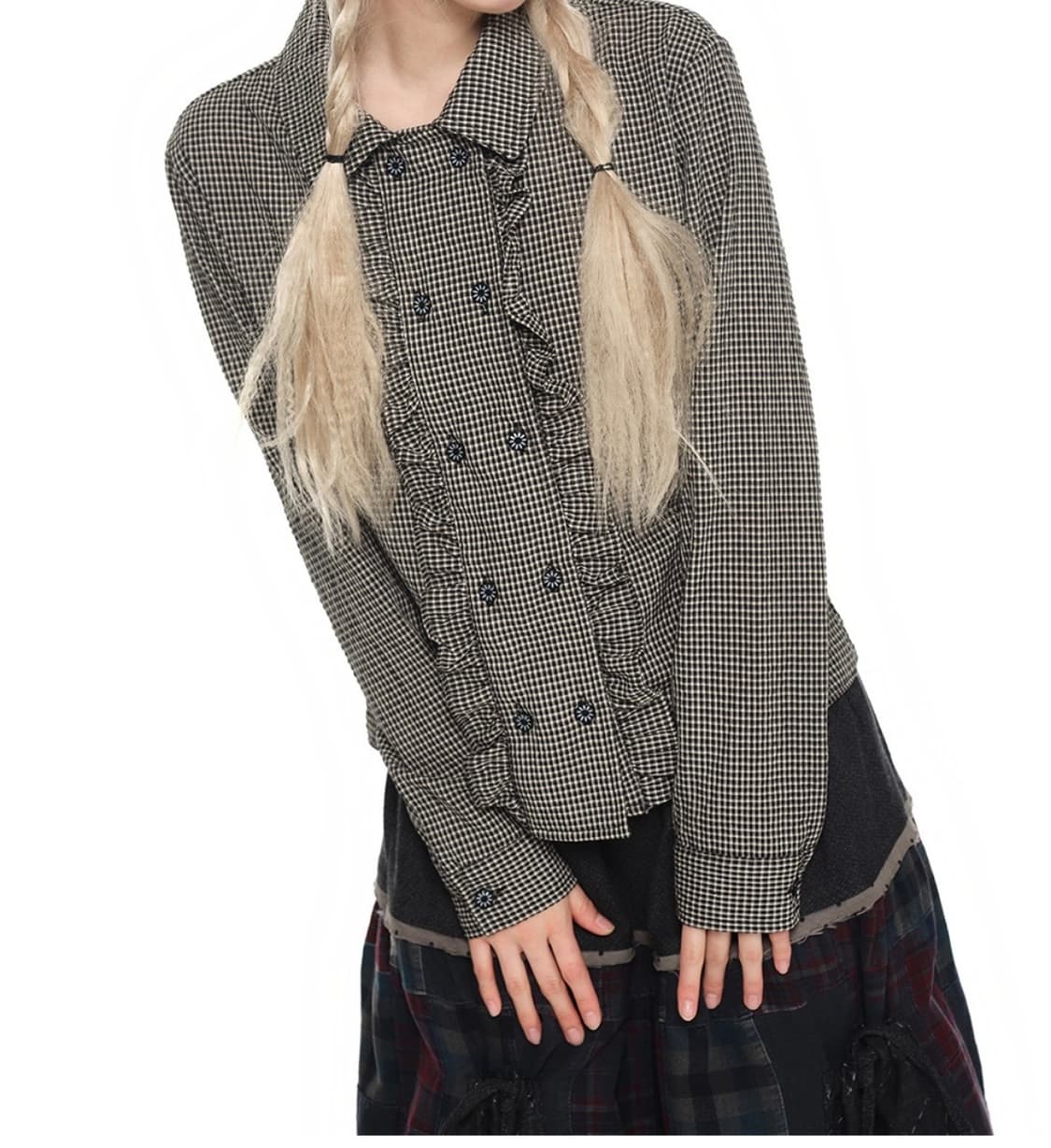 youthbath 유쓰배쓰 더블 버튼 프릴 체크 셔츠 s 상품이미지5