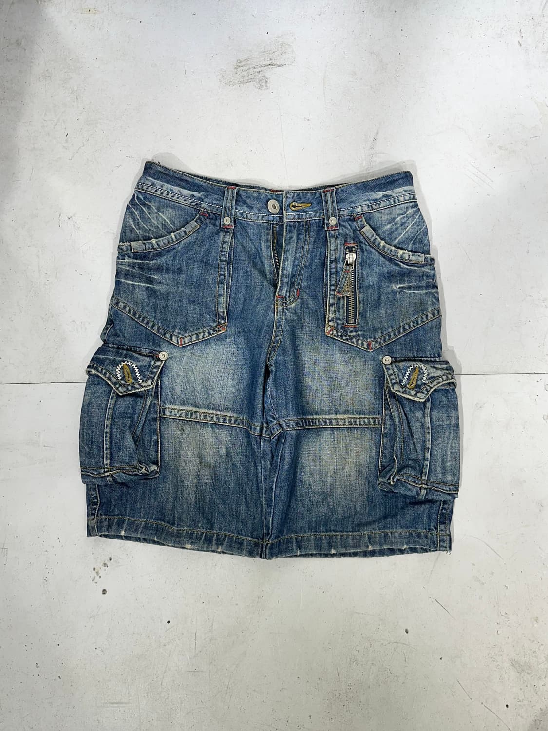 90s 빈티지 중청 포켓 디테일 데님 청 카고 버뮤다 와이드 반바지  상품이미지4