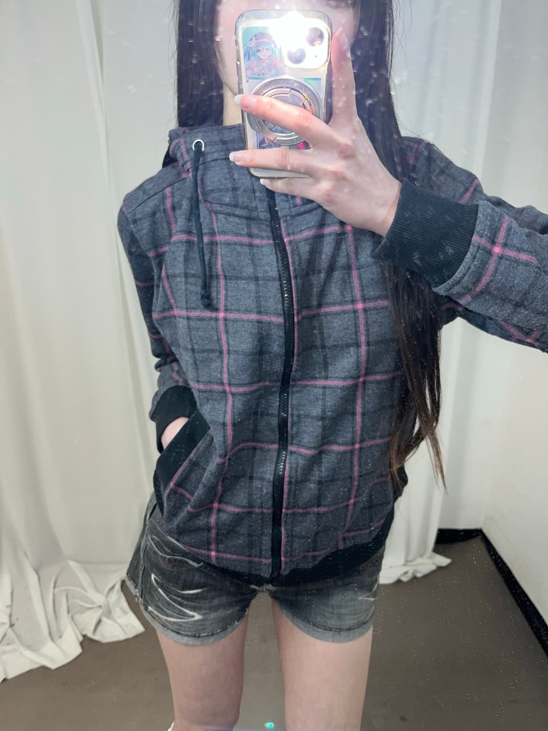 니혼진 핑크 체크 패턴 하이넥 후드집업 상품이미지2