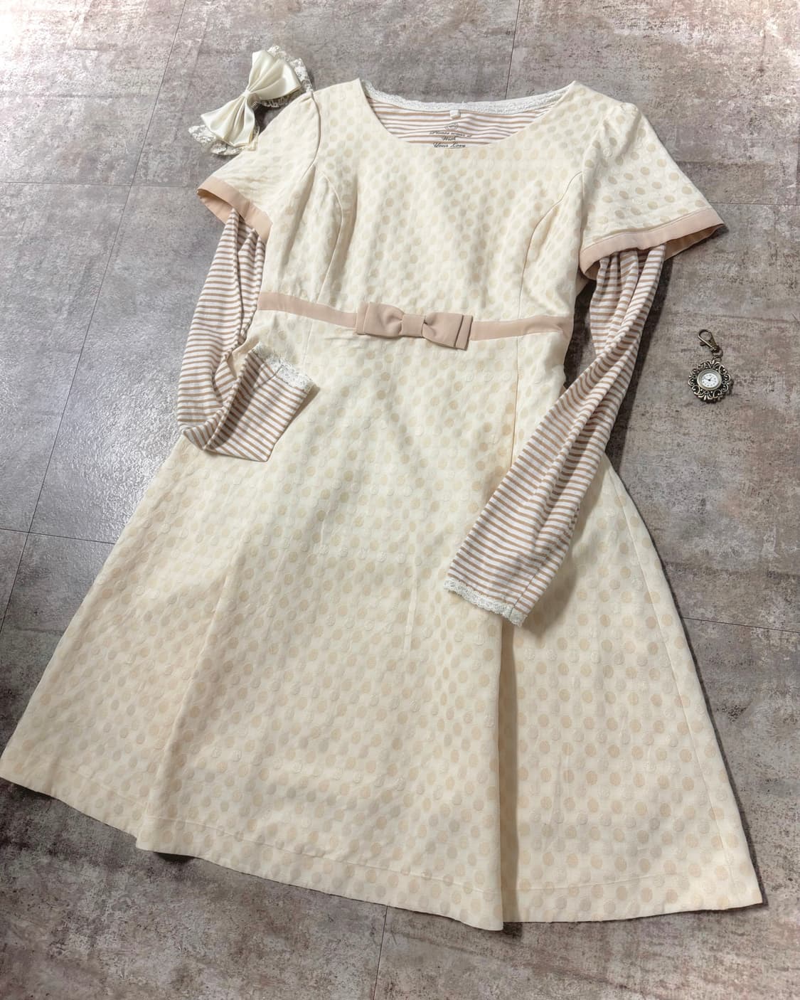 도트 패턴 리본 원피스 레이스 이너 티 2pcs SET 상품이미지5