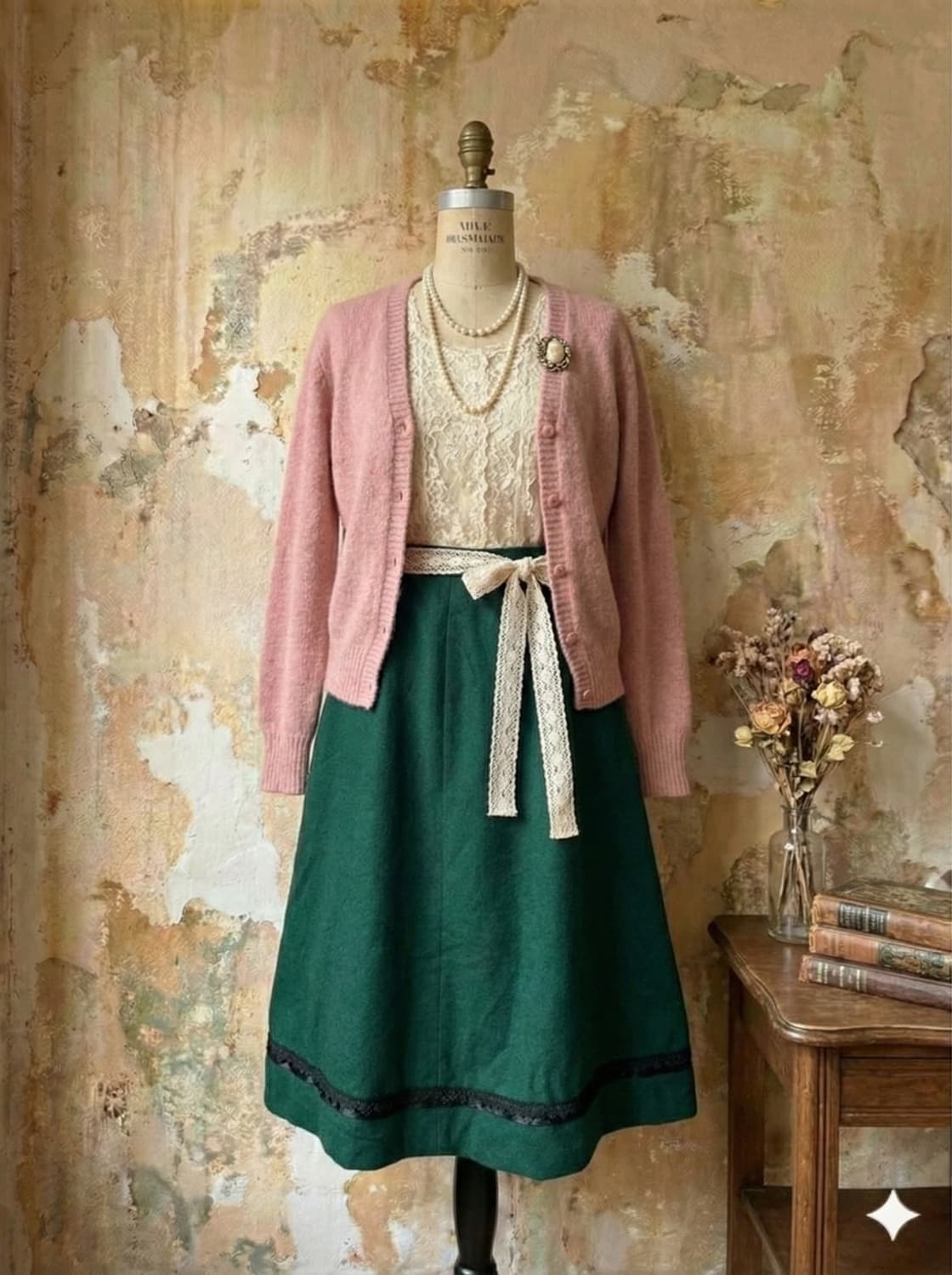 로맨틱 딥그린 빈티지 스커트 상품이미지2