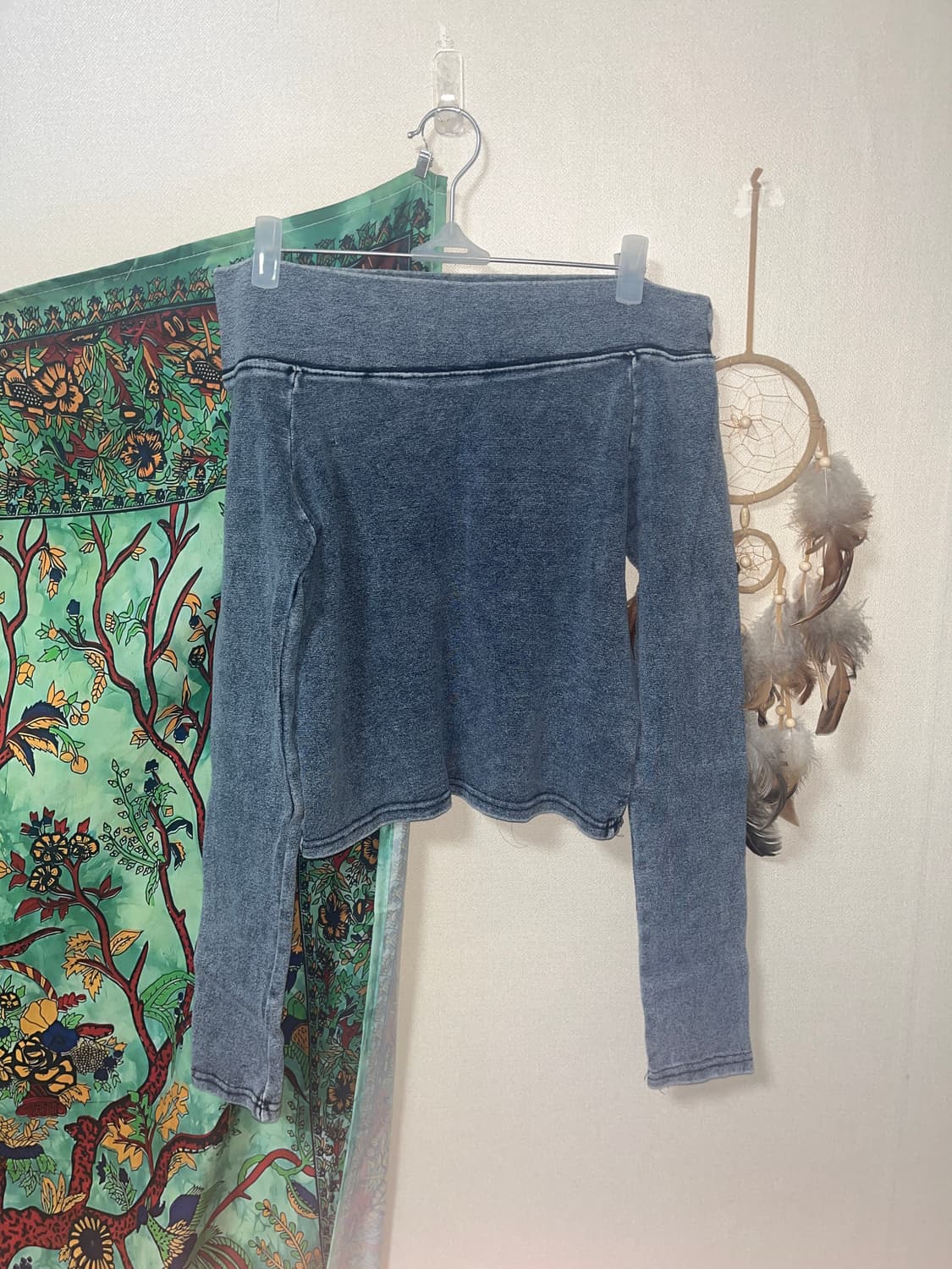 빈티지 갸루 핀터깔 y2k 워싱 데님 청 오프숄더 크롭 긴팔 티셔츠 상품이미지3