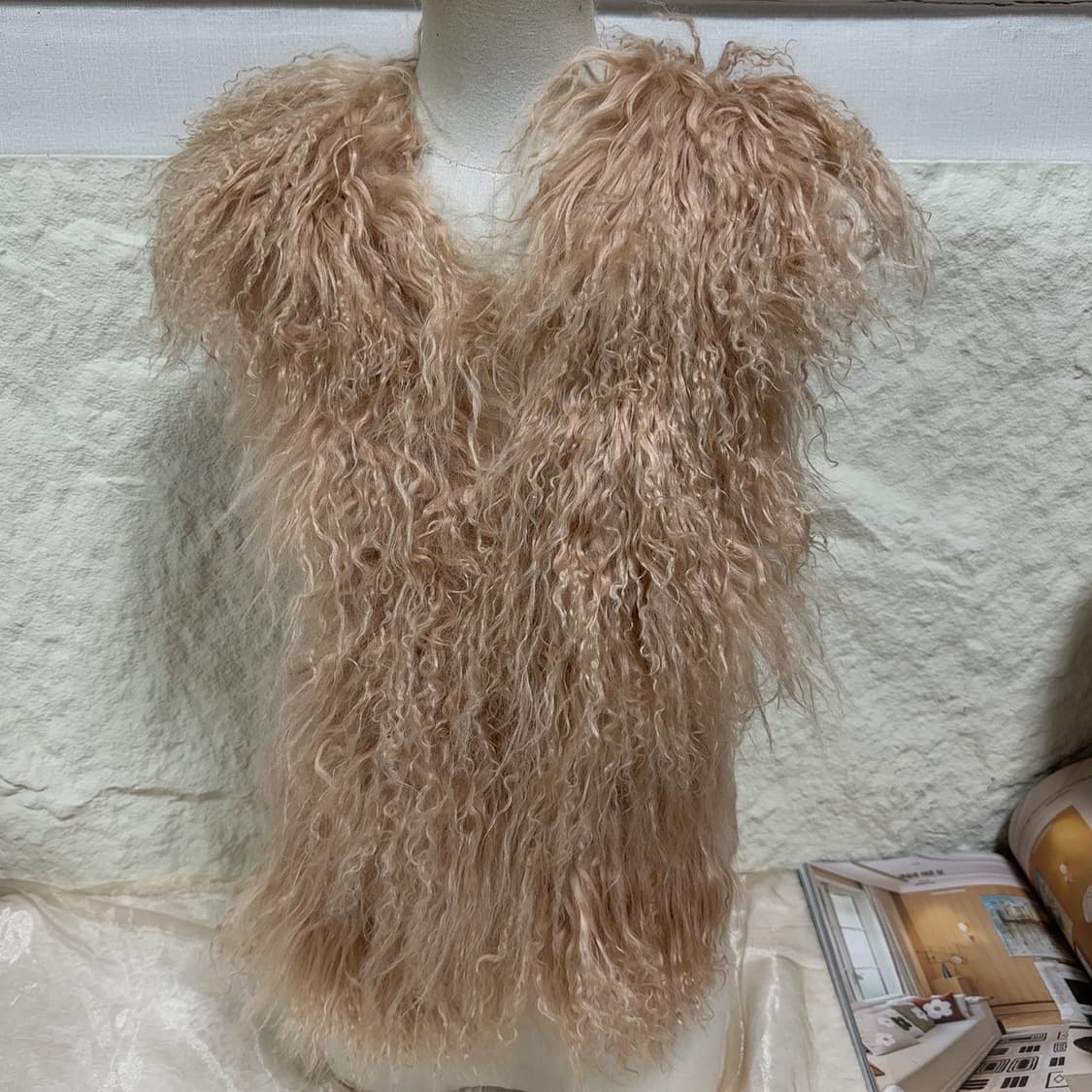 빈티지 샴핀 오랜지 핑크 양털 토스카나 +토끼털 조끼 베스트 상품이미지1