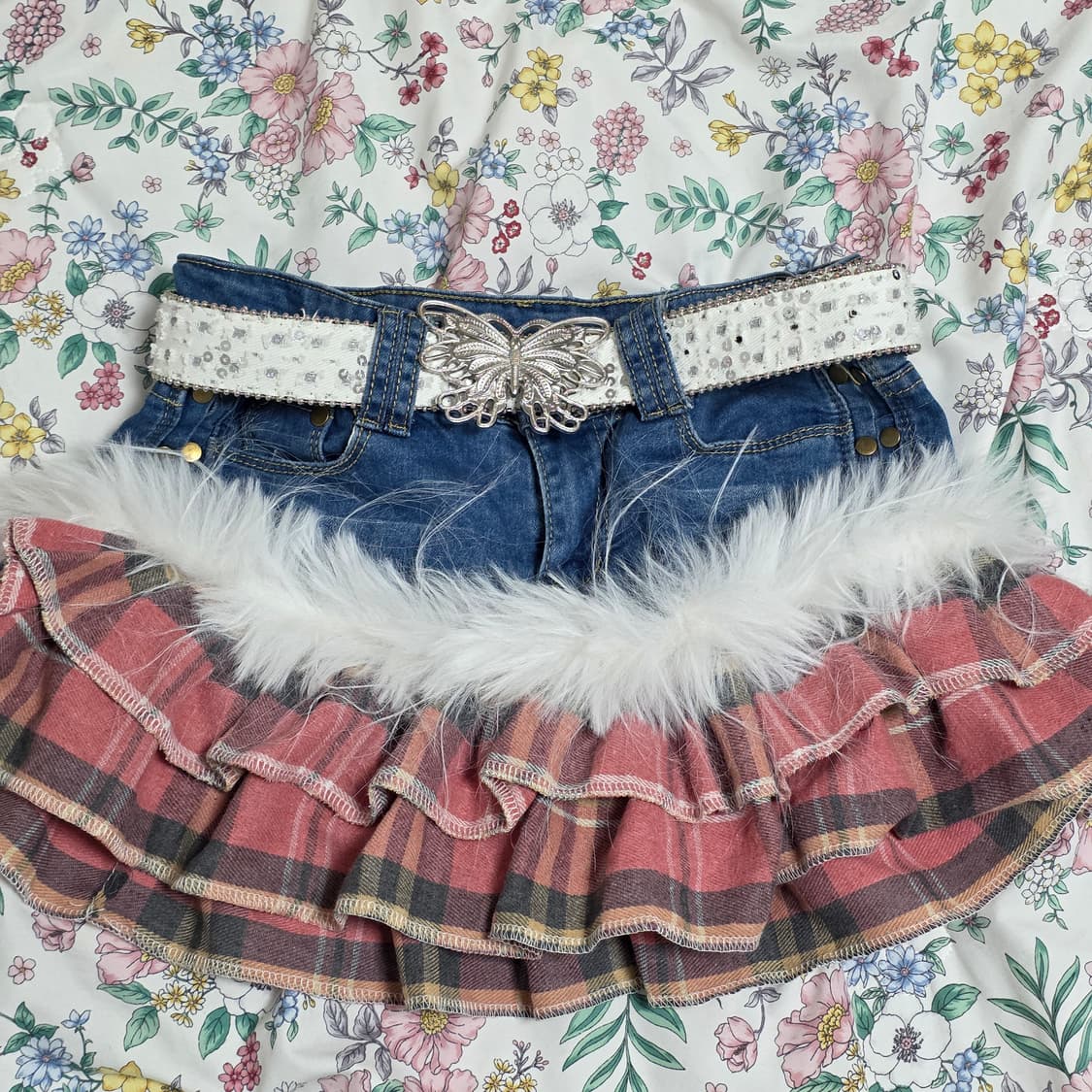 일본핀터깔 y2k빈티지 히메갸루 체크 캉캉 데님 플리츠 스커트+벨트포함 상품이미지2