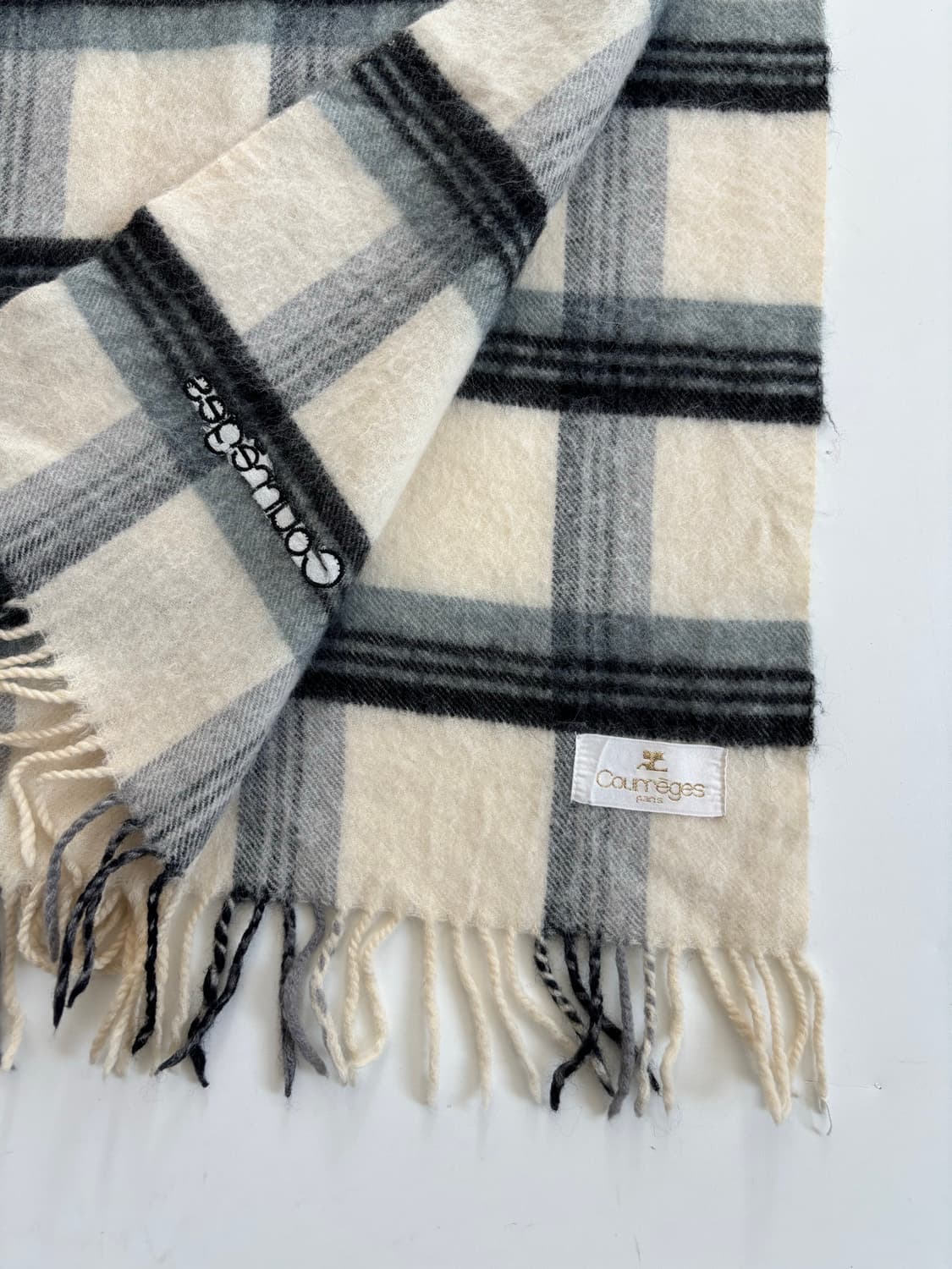Courreges 꾸레쥬 아이보리-블루 체크 머플러  상품이미지7