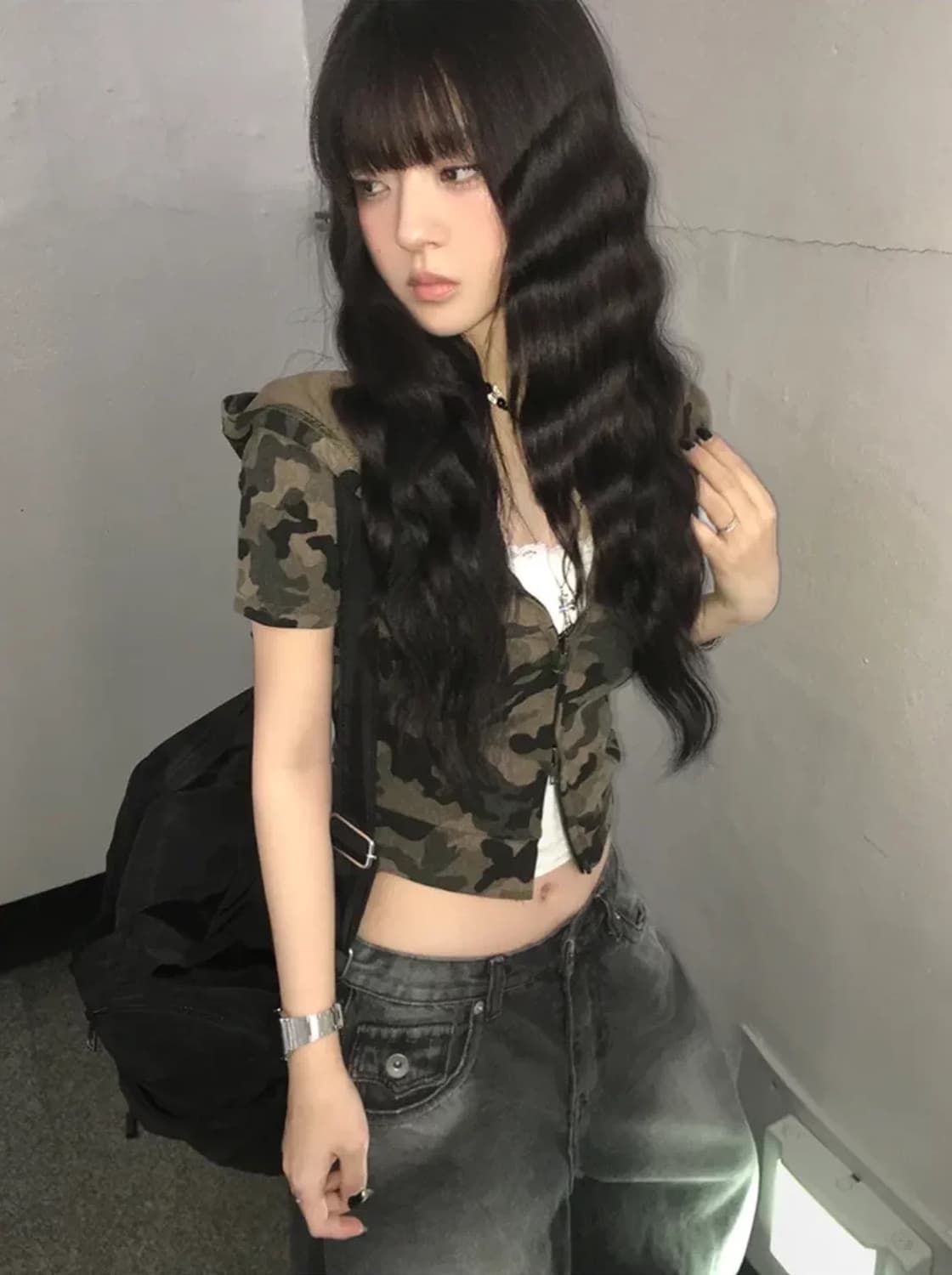 카모 후드 집업 크롭 반팔 티셔츠 상품이미지3