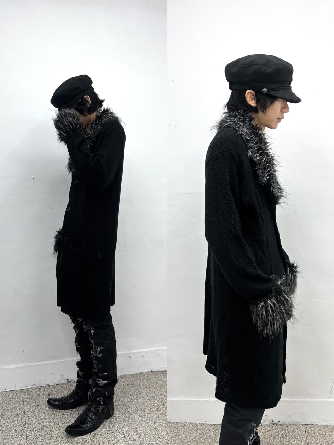 Fur trimmed long knit cardigan   상품이미지1