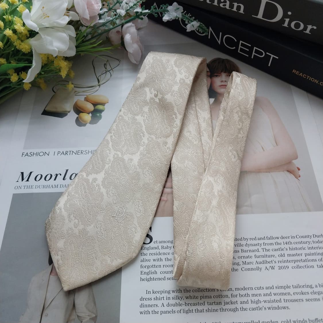 크리스챤 디올 실크 넥타이 크림 자카드 8.2cm A~B등급 K558 상품이미지8