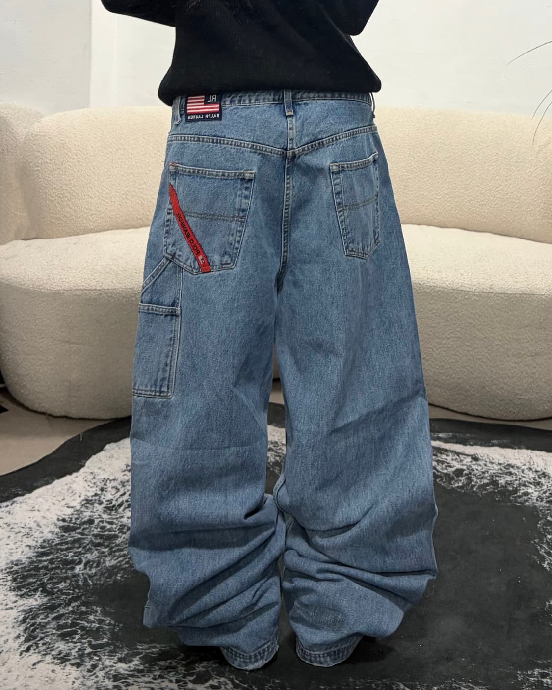 90s vintage 레드 포인트 와이드 데님 카고 팬츠  상품이미지1