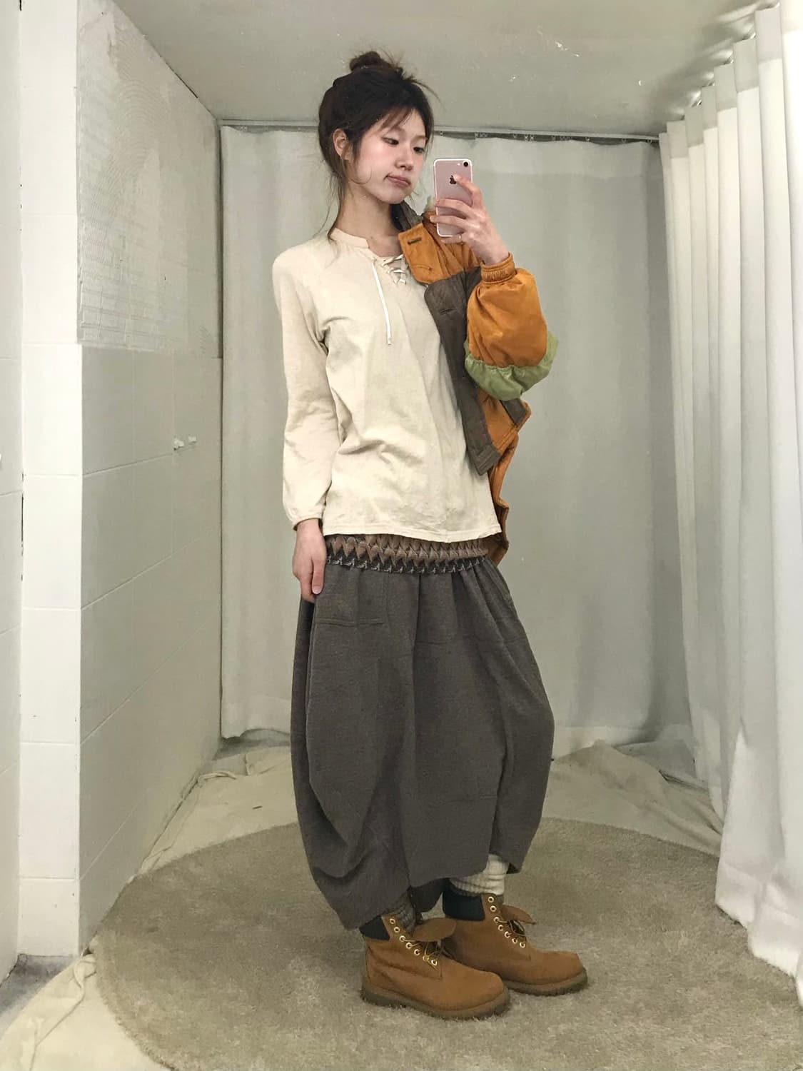 빈티지 오렌지 브라운 패치 패딩 몽골 히피 소녀 코디 세트 상품이미지3