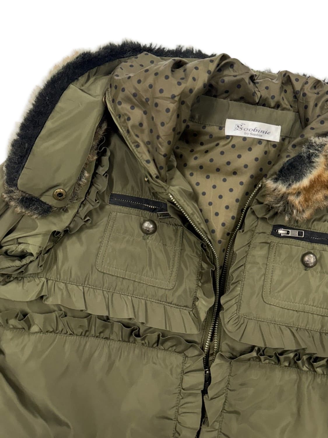 빈티지 Soobinie 카키 프릴 퍼 후드 패딩 상품이미지4