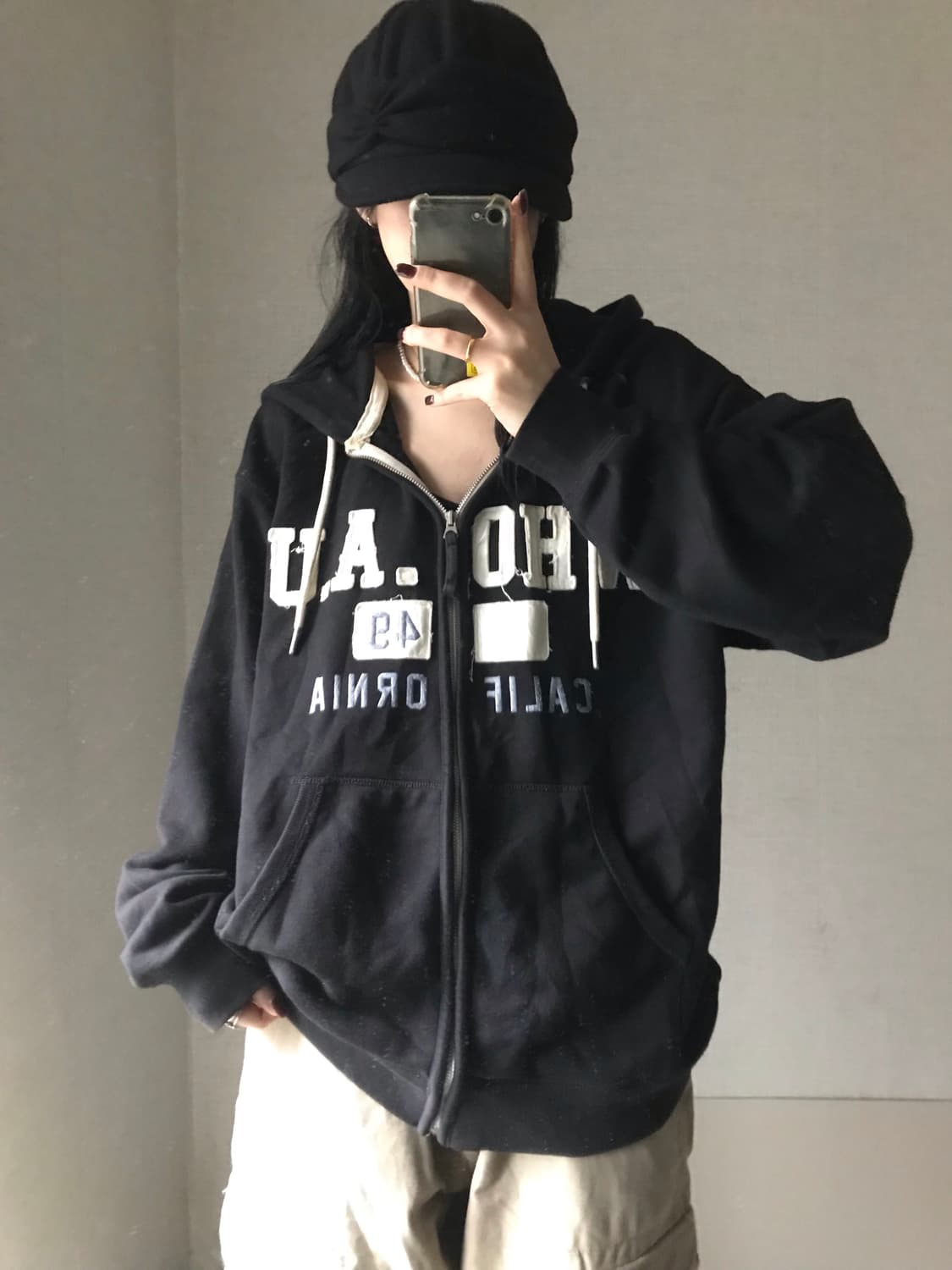 후아유 블랙 오버핏 후드집업 상품이미지1