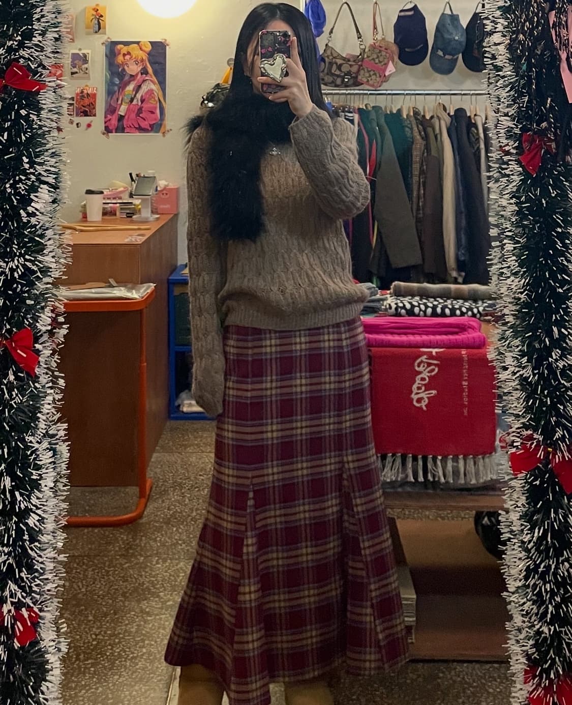 버건디 체크 롱스커트 [무배] 상품이미지1