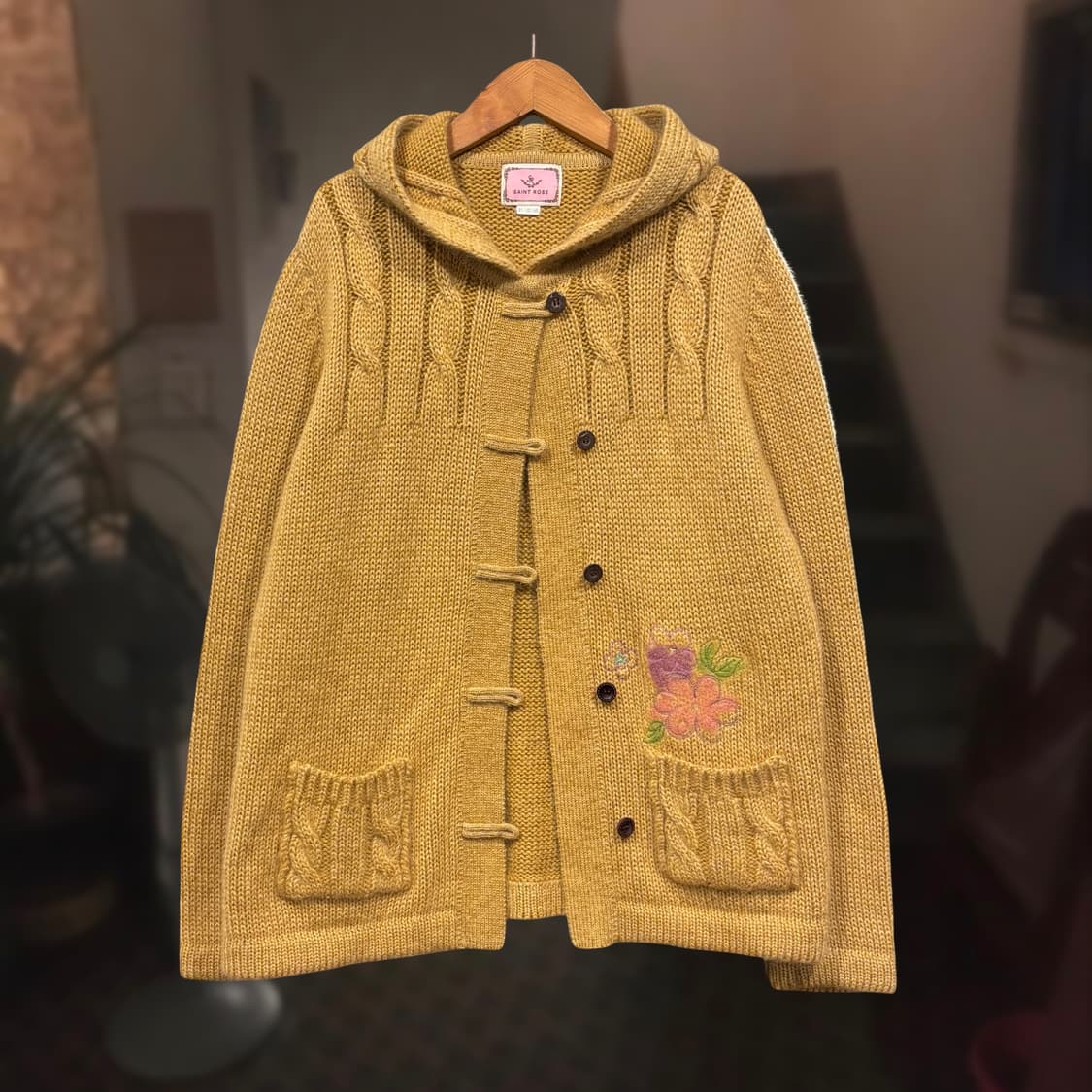 빈티지 모리걸 울혼방 머스타드 후드 니트 코트 가디건 상품이미지4