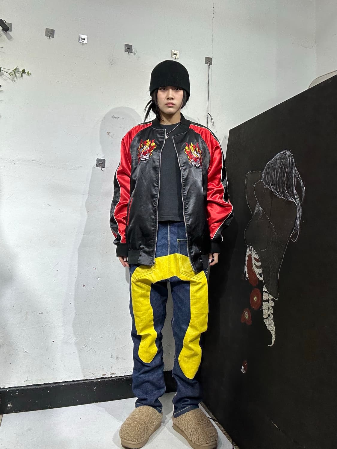 일본빈티지 Weksnoop 블랙 악마 불 자수 스카잔  L 상품이미지3