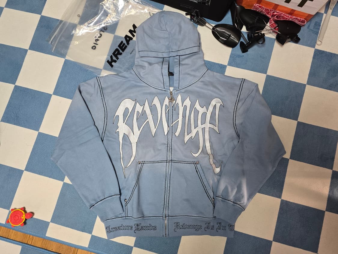[M] REVENGE 리벤지 자수 후드 집업 워시드 베이비 블루 화이트 상품이미지3