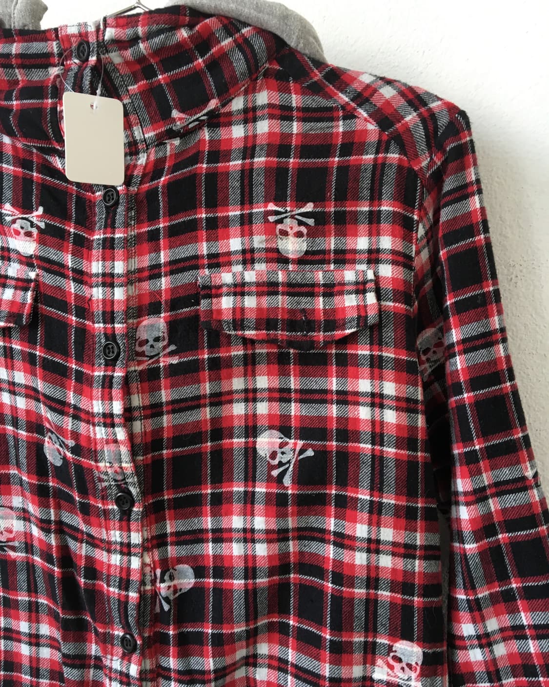 Hood layered skull check pattern shirt 상품이미지5