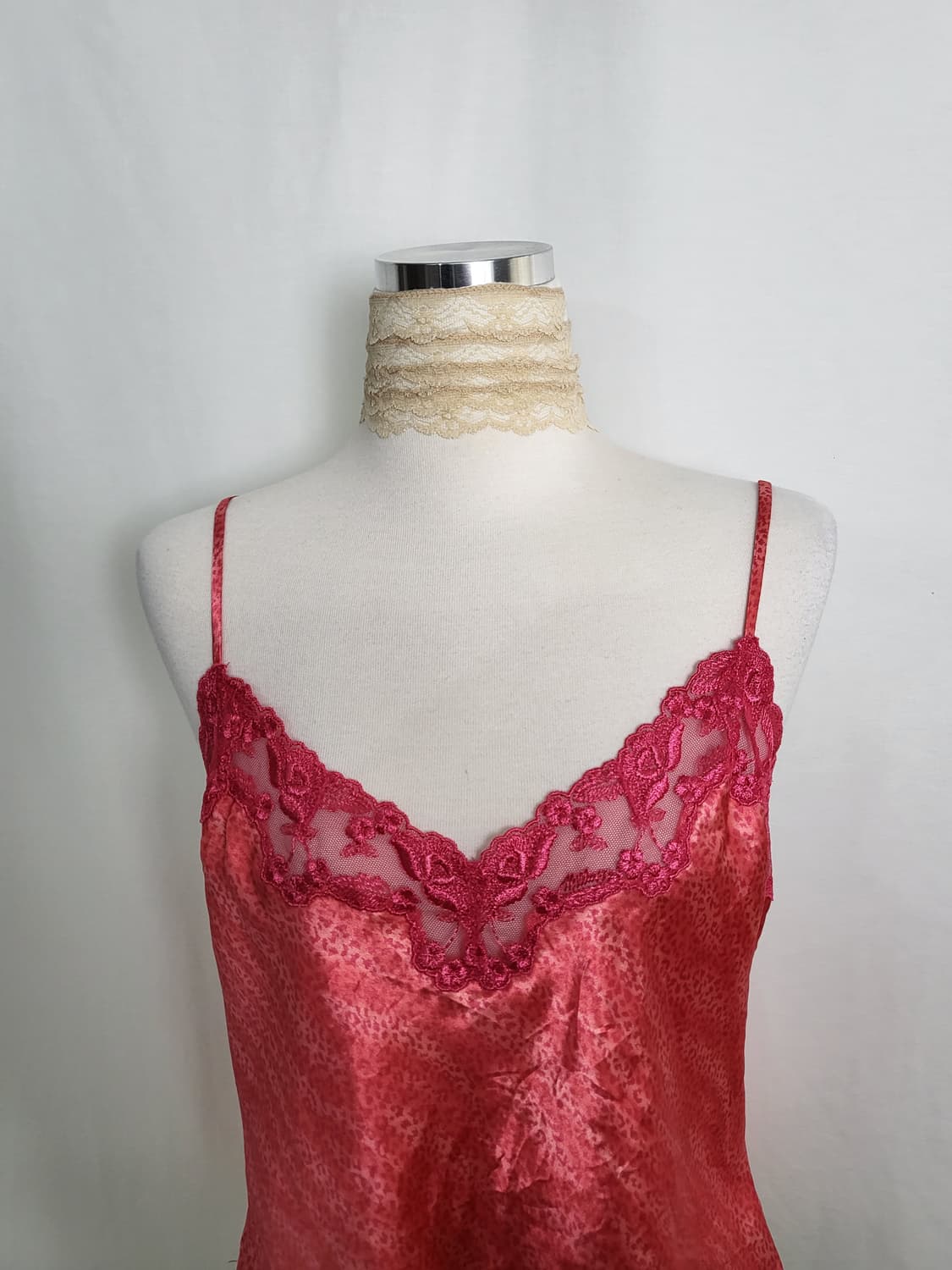 빈티지 코랄 플로럴 레이스 새틴 캐미솔 나시 슬립 탑 상품이미지3