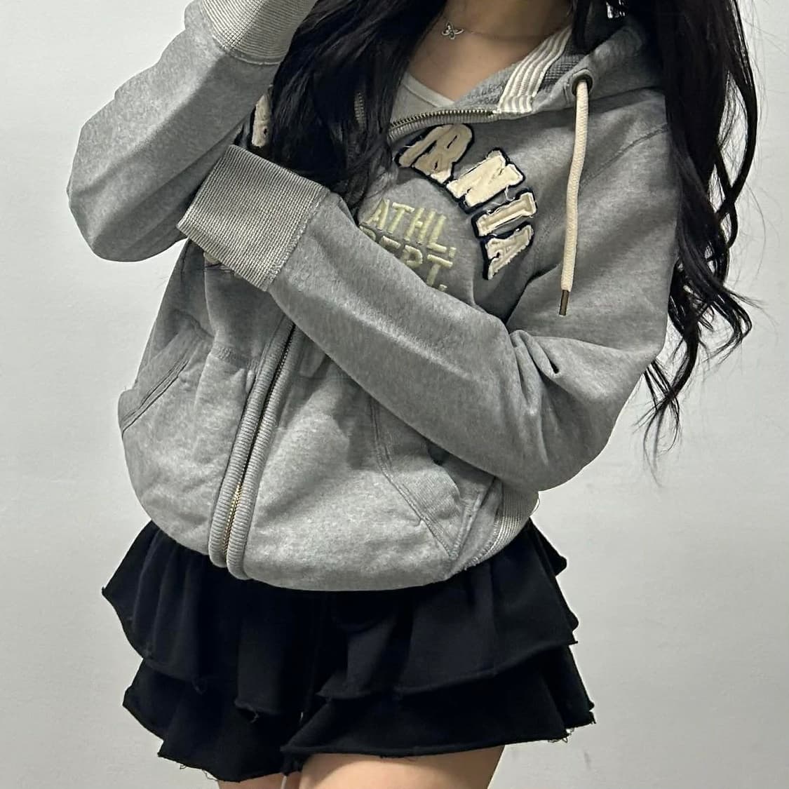 후아유 y2k 그레이 올드스쿨 스웻 후드집업 져지(L) 상품이미지2