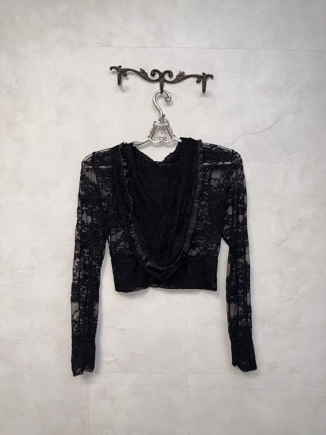 Black floral lace crop hood zipup 상품이미지5