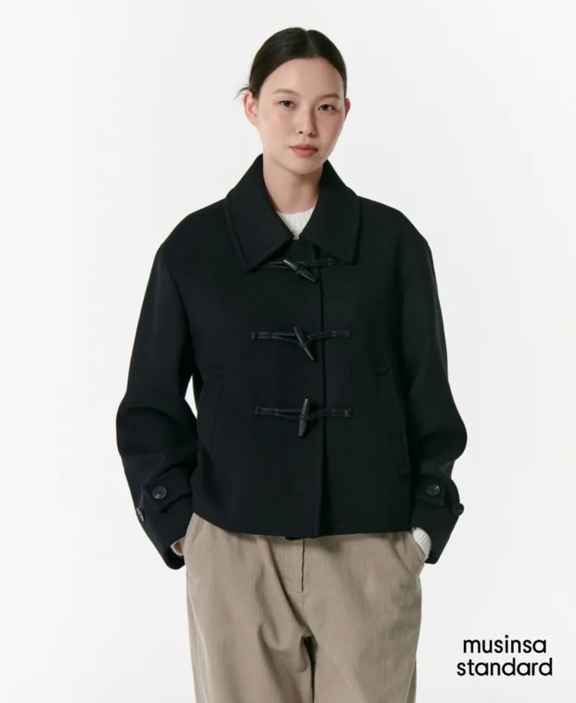 무신사 스탠다드 우먼즈 울 블렌드 더플 떡볶이 쇼트 코트 블랙 s 상품이미지1