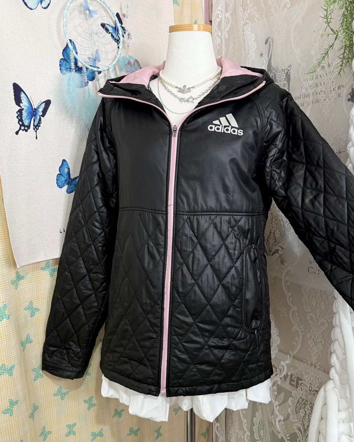 아디다스 블랙 & 핑크 퀼팅 후드 자켓 상품이미지6
