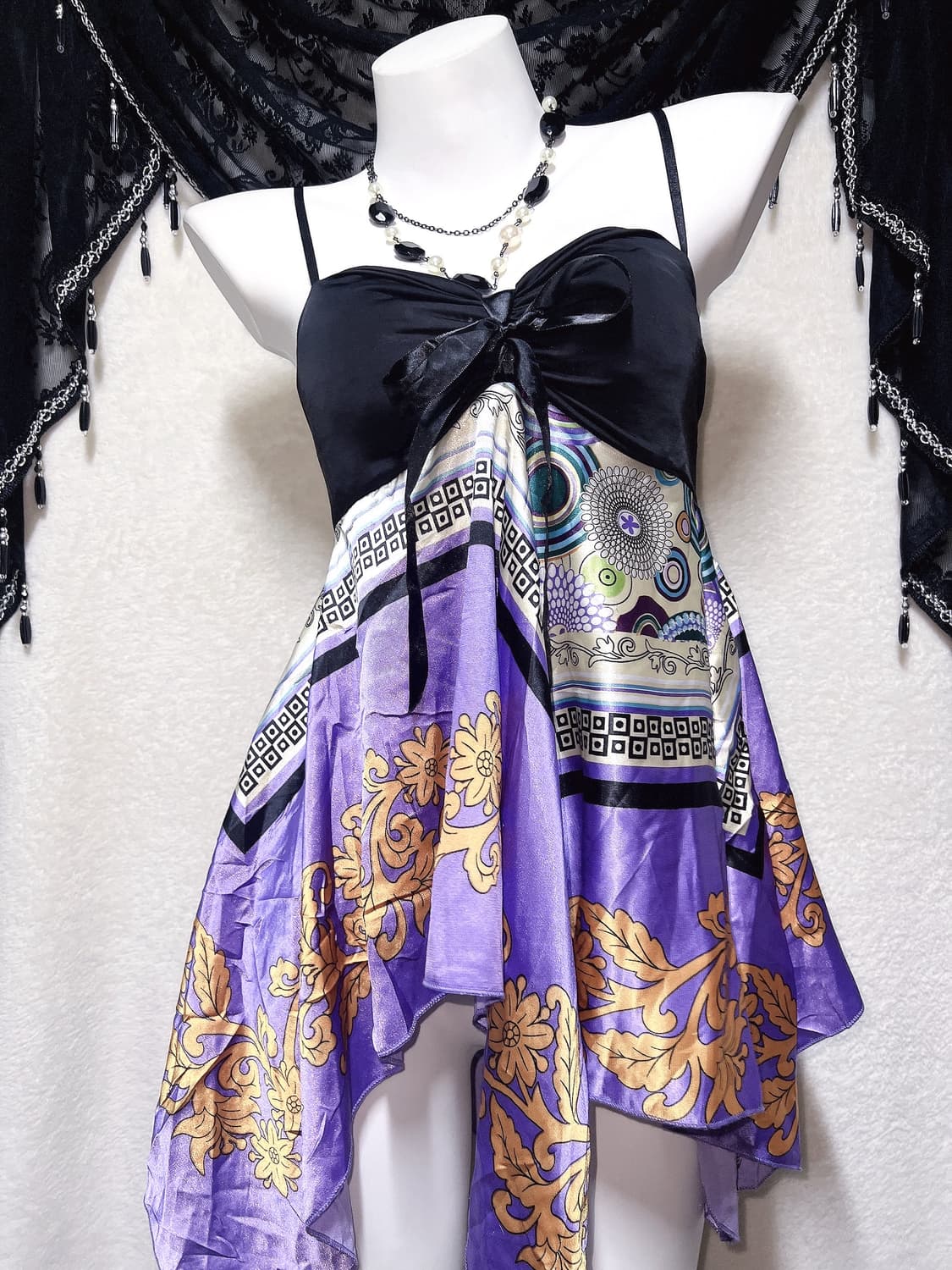 오리엔탈 오네갸루 페어리 패턴 페이즐리 리본 슬리브리스 나시 미니원피스 상품이미지2