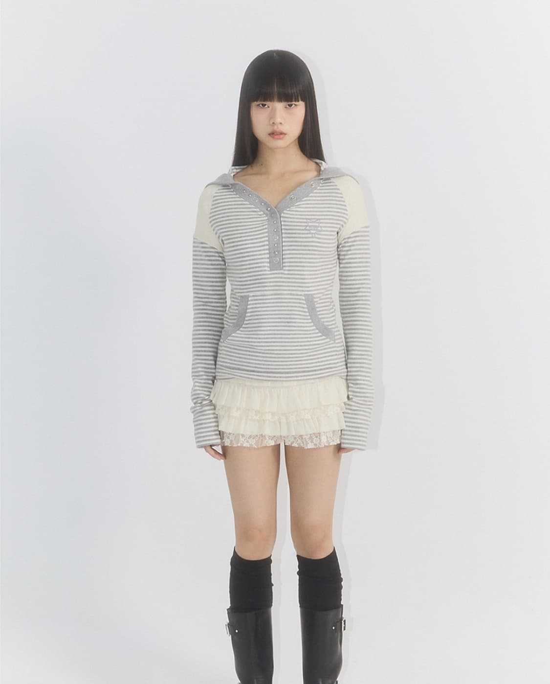 일리고 스트라이프 레이스 배색 후드 아이보리 멜란지 상품이미지1