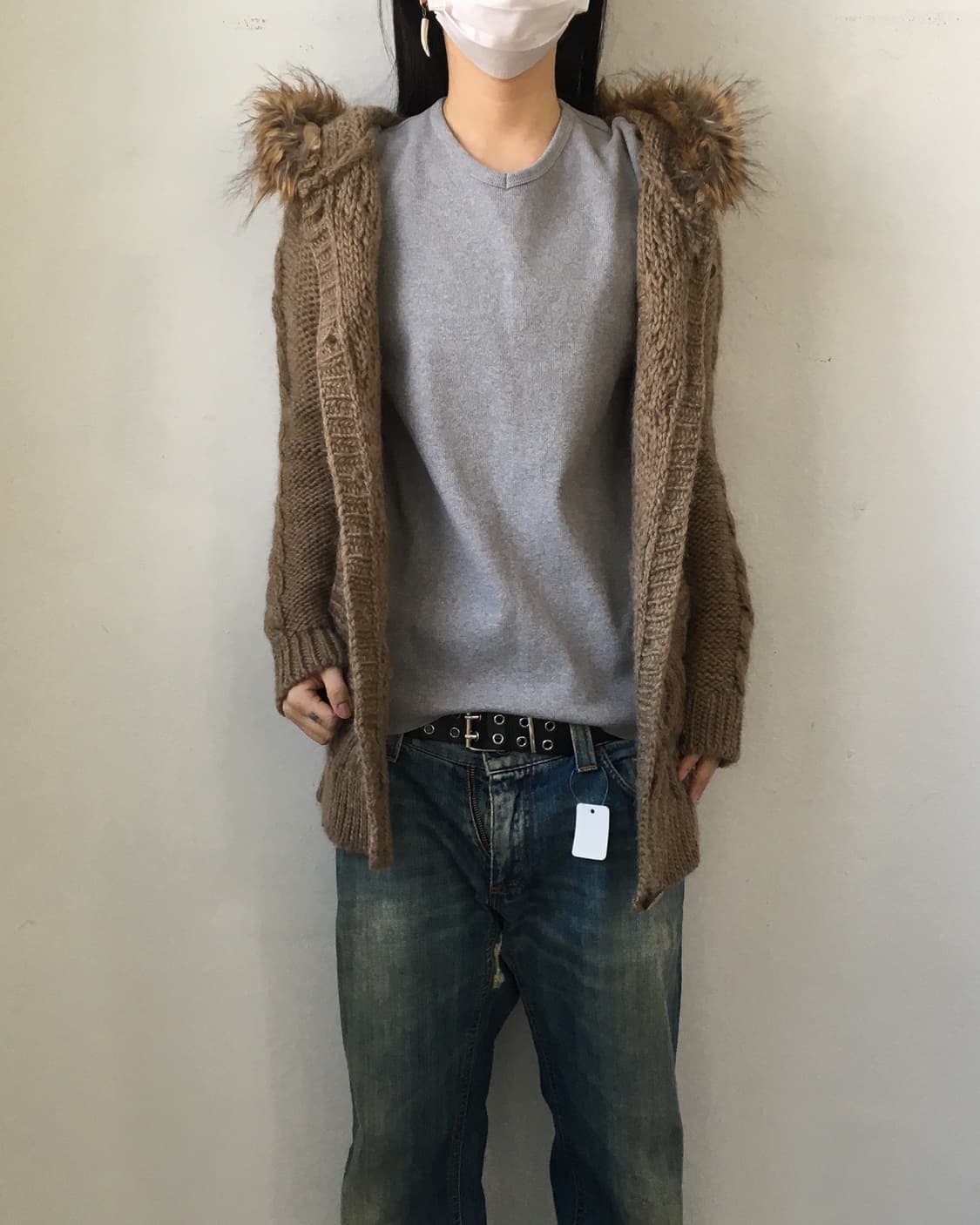 Fake fur hood cable pattern knit cardiga 상품이미지5