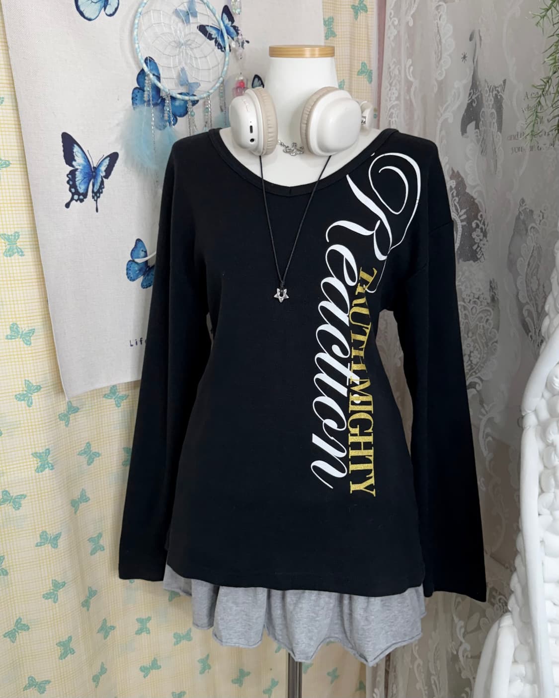 블랙 펑크 레터링 롱슬리브 티셔츠 상품이미지7