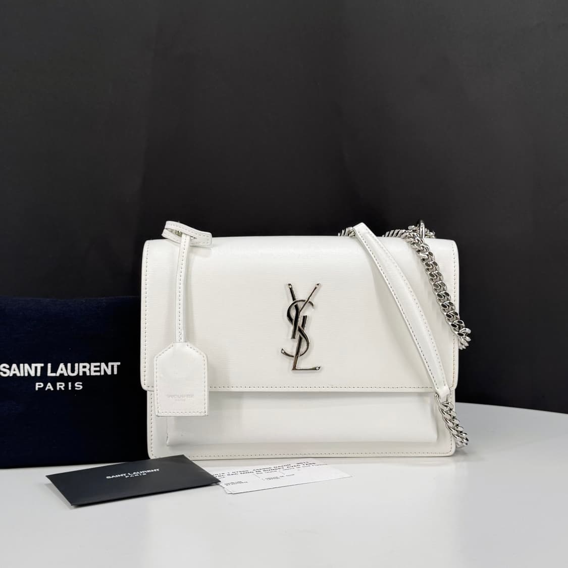 생로랑 모노그램 선셋 은장 체인 숄더백 미듐 화이트 (442906) 상품이미지2