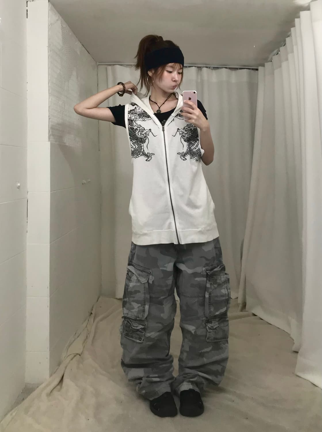 빈티지 오리엔탈 용자수 화이트 나시 후드집업 상품이미지2