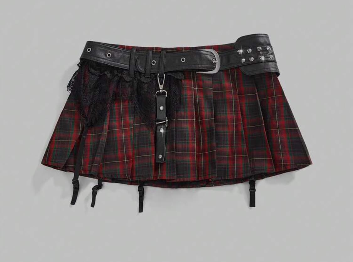 펑크 레이스 체크 벨트 스커트 레드 블랙  상품이미지1