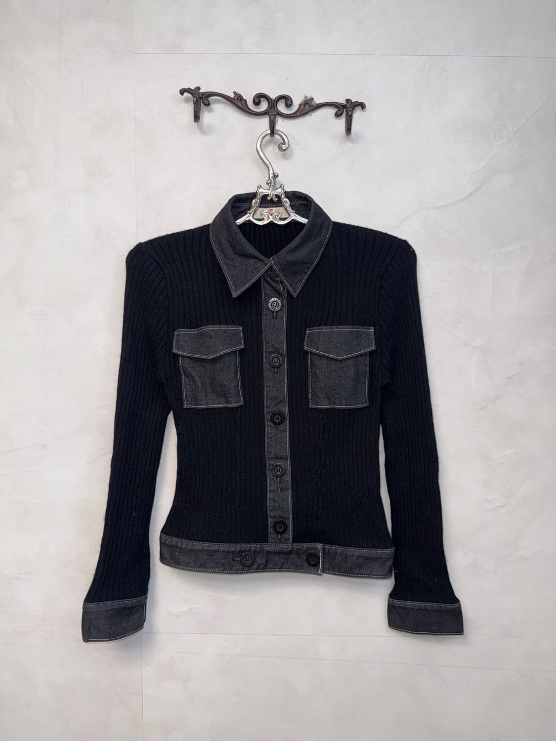 Black denim pocket pk knit button 가디건 상품이미지1