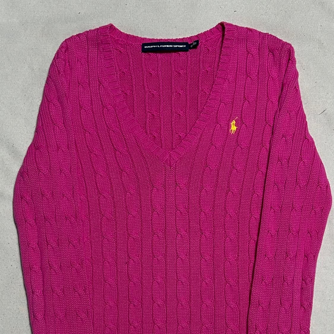 XS 폴로랄프로렌 여성용 브이넥 핑크 케이블 니트 상품이미지1
