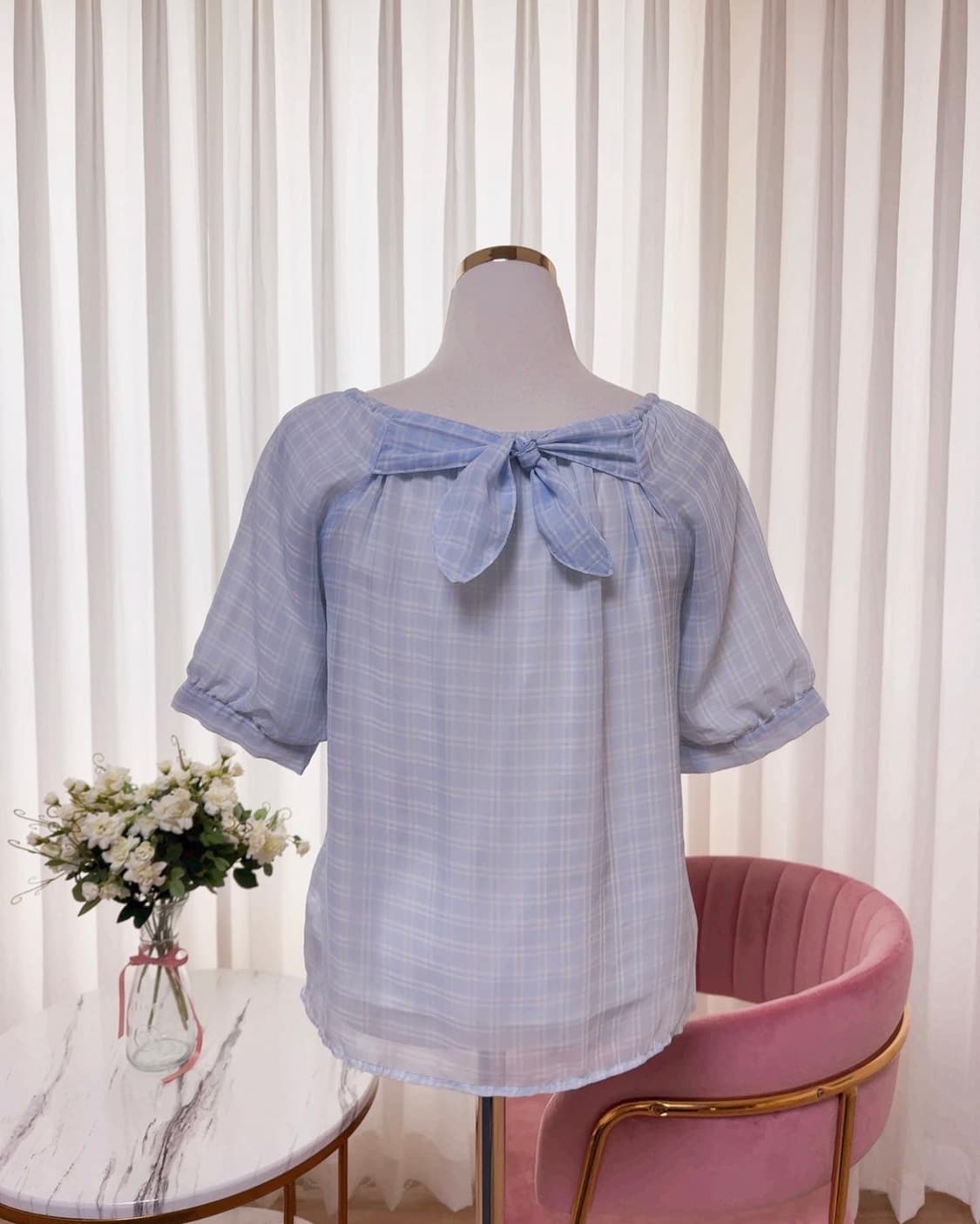 쉬폰 체크 벌룬소매 리본 블라우스 상품이미지6