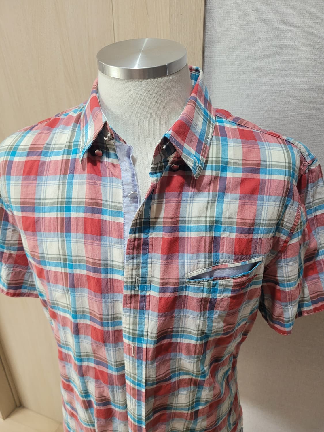 캘번 KELBURN 남자 반팔 체크셔츠 105 레드 상품이미지2