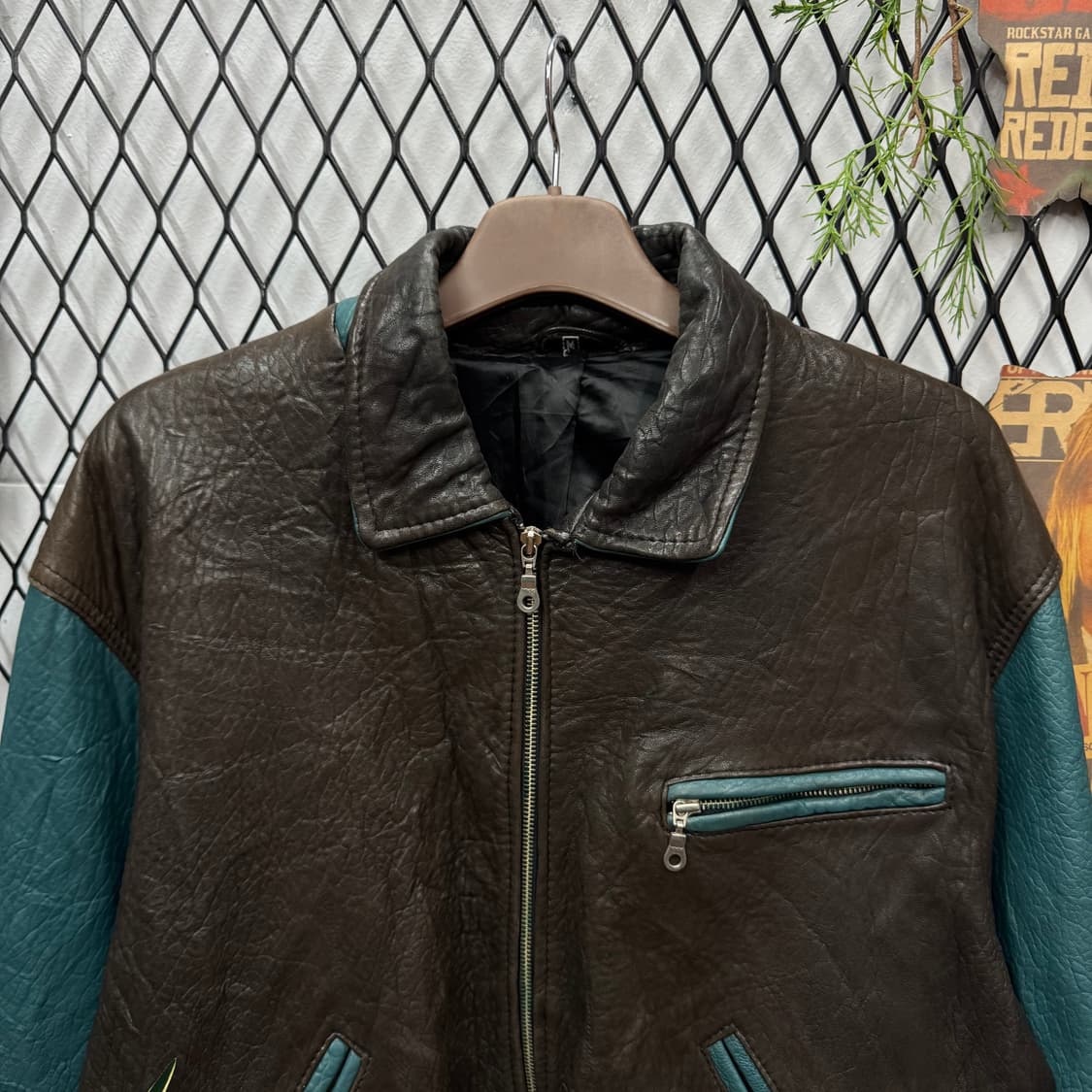 USA VINTAGE 빈티지 레더 플라이트 자켓 소매 청록 배색 브라운 상품이미지3