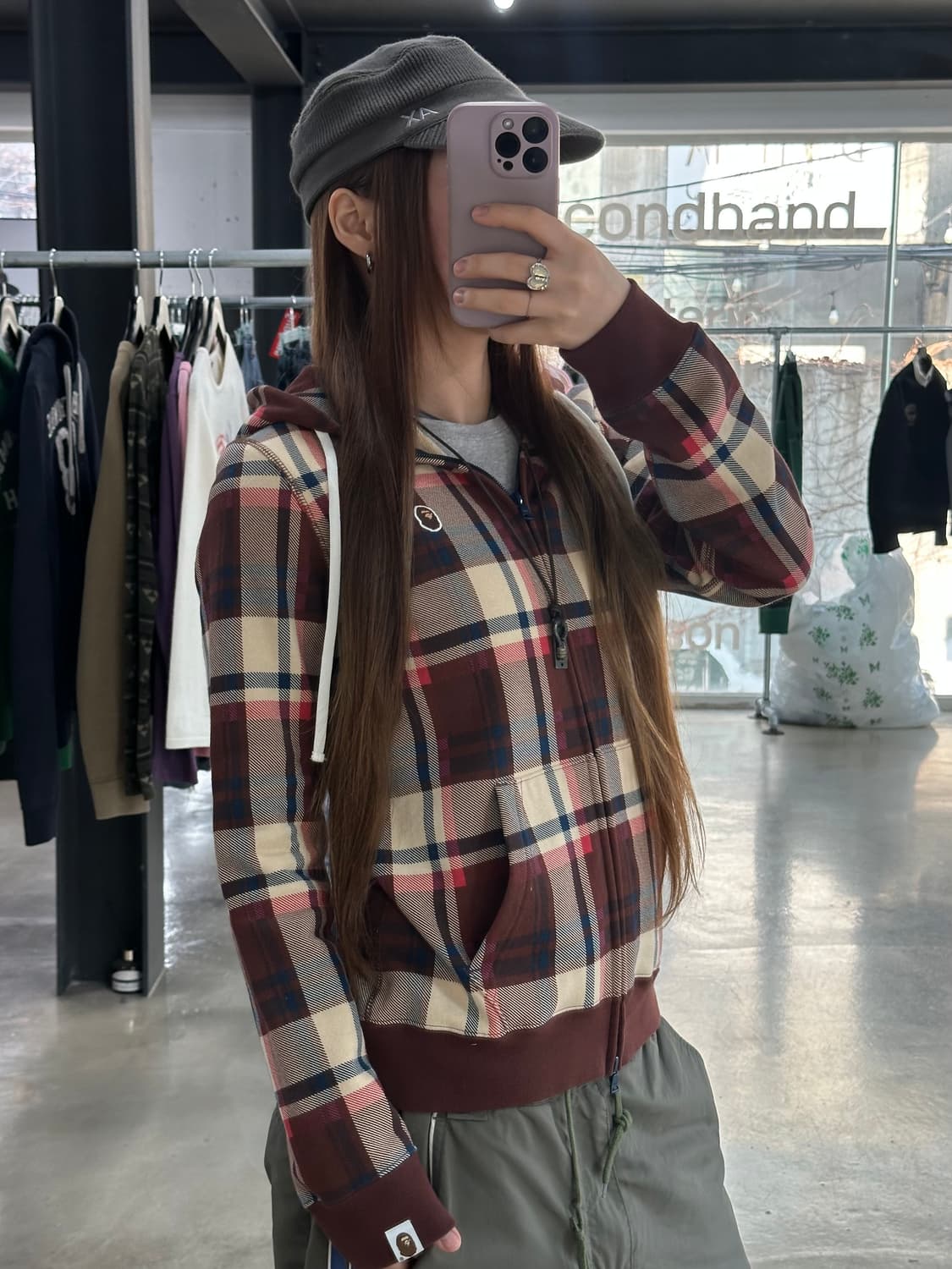 베이프 자수사루 브라운체크 후드집업 데드스탁 상품이미지3