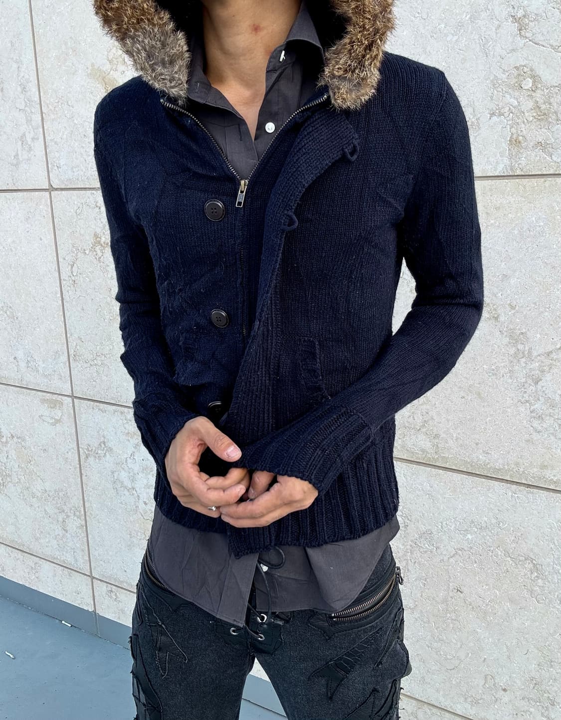 “Vintage” Navy Slim Fit Fur Hoodie Zip U 상품이미지1