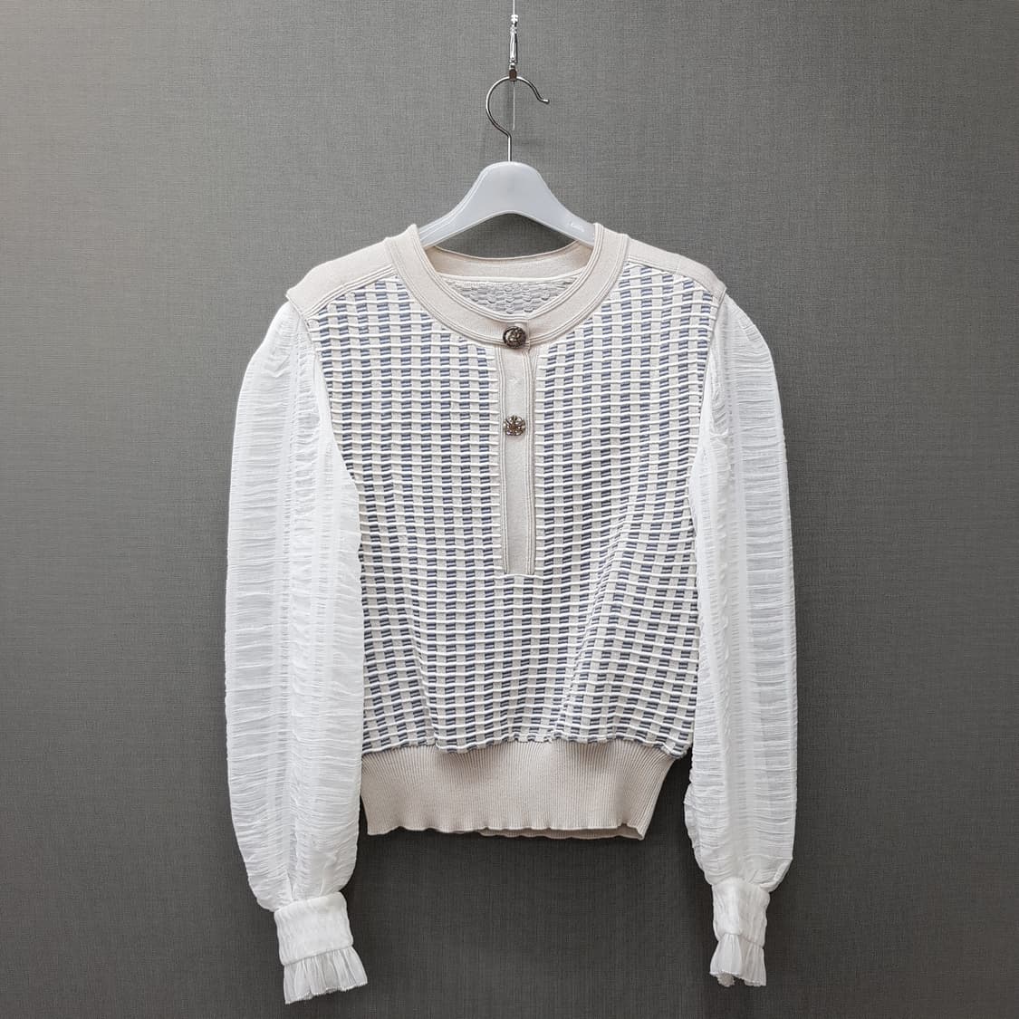 OBZEE 오브제 2021 시스루 슬리브 체크 니트 82-94-160 상품이미지1