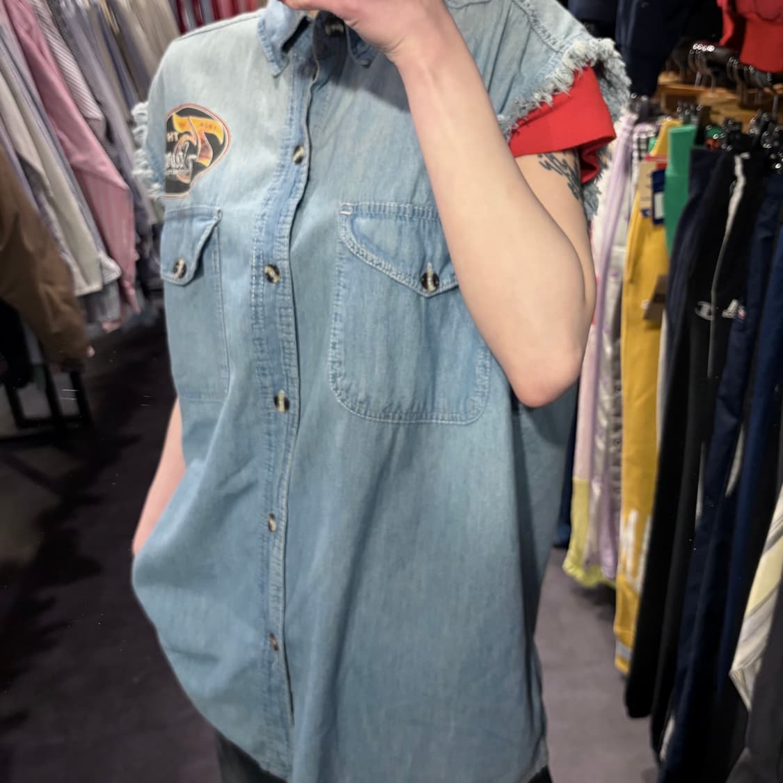 [IM] vtg 이글 프린팅 컷오프 데님 셔츠 베스트 연청 상품이미지4