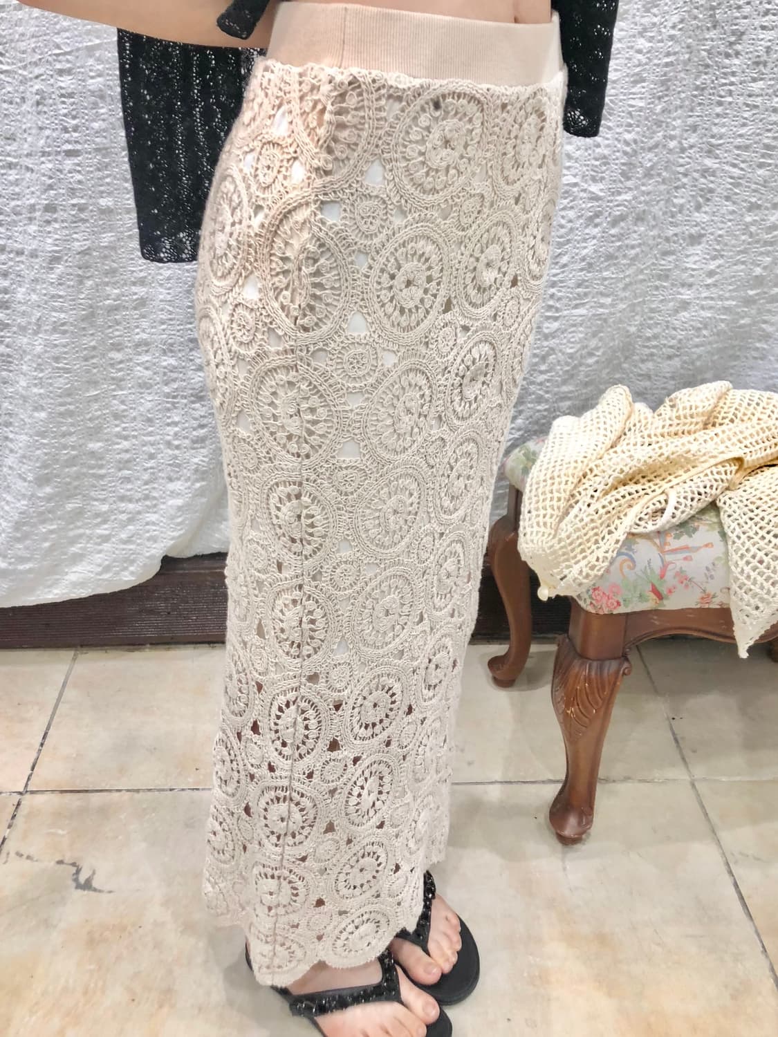 Crochet ivory knit long skirt 상품이미지4