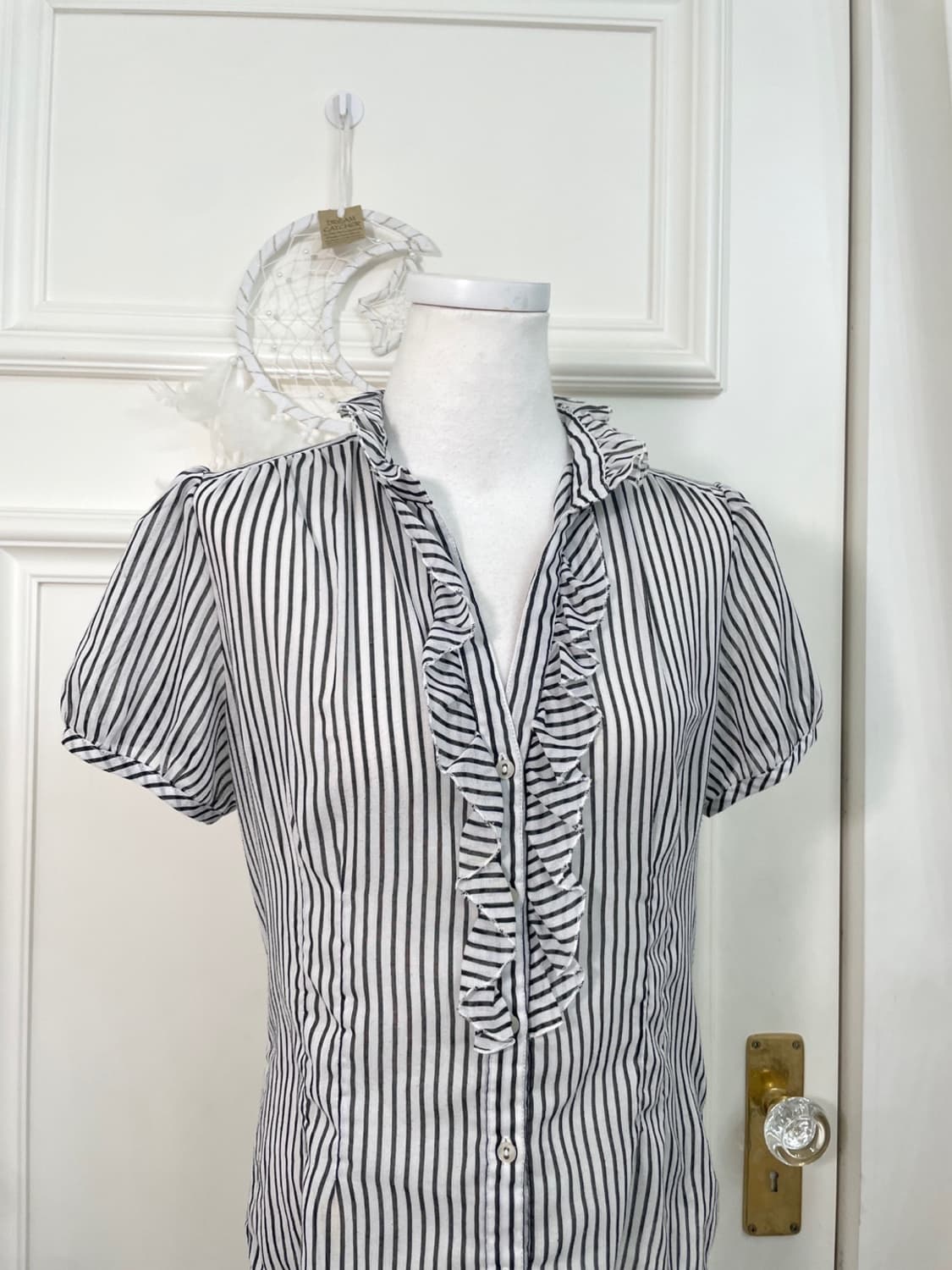 white black stripe shirring cotton blous 상품이미지4