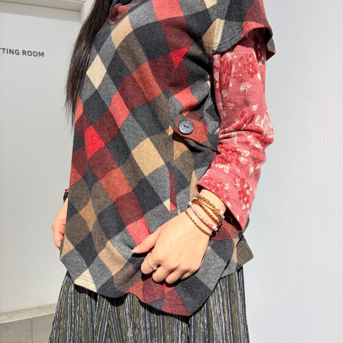 Pursuit De Ideal 단추 체크 레이어드 모리룩 반팔 니트 상품이미지3