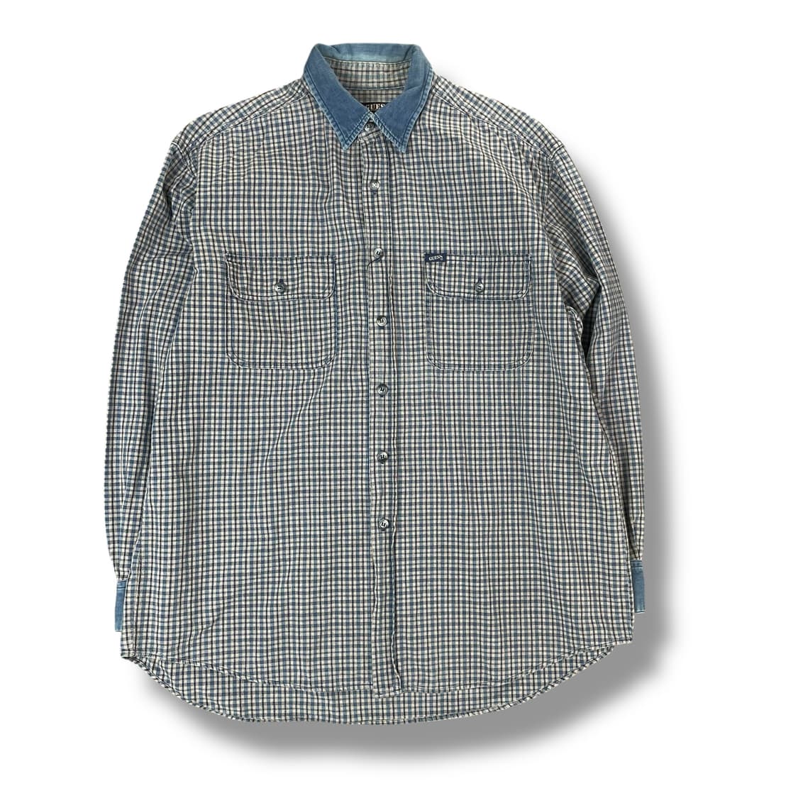 게스 원포켓 미니로고 블루 타탄체크 셔츠 S 상품이미지1