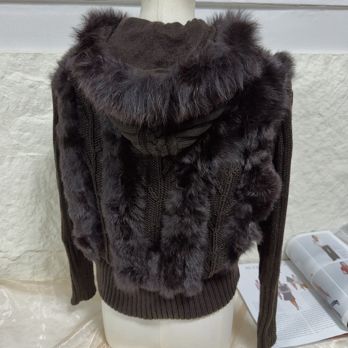 빈티지 브라운 폭스퍼 후드 꽈배기 토끼털 니트자켓 후드집업 상품이미지4