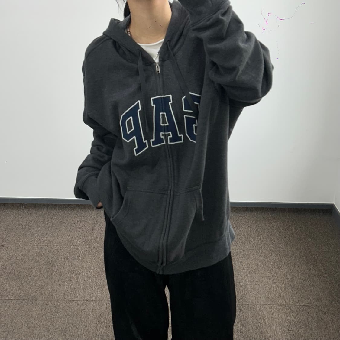 Gap 갭 네이비로고 차콜 기모 후드집업 상품이미지2